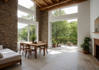 Naklejka premium A cozy indoor den, filled with natural daylighting from the large window, featuring a sleek hardwood loveseat and armrest, nestled in the corner of the room. 