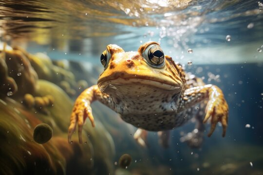 A picture of a frog with big eyes swimming in the water. This image can be used to depict aquatic life or as a visual representation of nature and wildlife