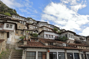 'Thousand Windows' or 'Windows over Windows' houses in Mangalem district on the Osum river north bank. Berat-Albania-065