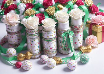 Sparkling bead necklaces, intricate jewellery boxes, and delicate ribbon bows adorn the perfectly wrapped presents, evoking a sense of festive magic and handmade charm. 