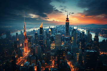 Obraz premium Aerial View of a Vibrant Cityscape at Dusk, Illuminated by the Glowing Tapestry of Urban Lights. Ai generated