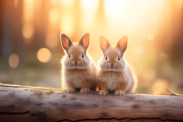The twin brown rabbits on a timber on morning sunlight