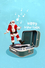 Sketch collage of funky pensioner santa claus cool wear red costume with sunglasses enjoying vinyl...
