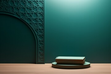 3d modern Islamic holiday banner in green monotone design. Display podium with Ramadan lantern, metal moon and mosque portal.
