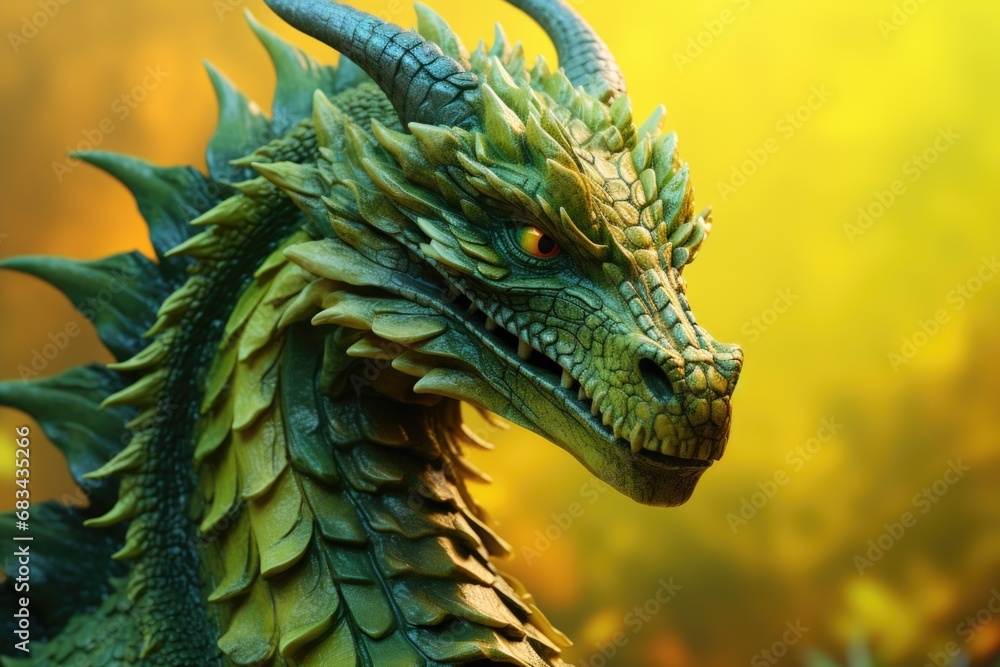 Poster a detailed view of a dragon statue. this image can be used for fantasy-themed projects or to symboli