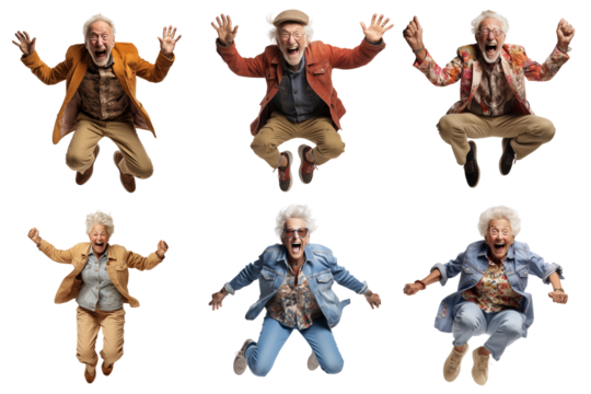 Collection of elderly men and women jumping with joy isolated on white background