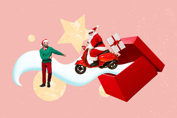 Creative trend collage of funny santa clays moped scooter deliver present new year x-mas magazine...
