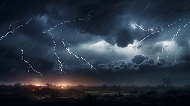 A Dramatic Photo Capturing the Majesty of a Approaching Thunderstorm with Intense Lightning Strikes. Ai generated