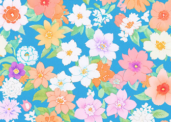 Obraz premium A vibrant tapestry of blooming petals, painted in watercolor, intertwined in a whimsical pattern on soft fabric, evoking a sense of lively beauty and free-spiritedness. 