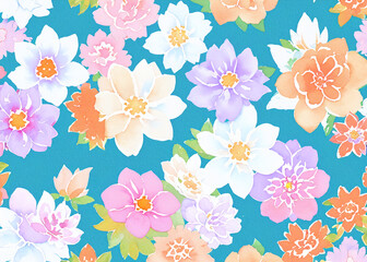Obraz premium A vibrant tapestry of blooming petals, painted in watercolor, intertwined in a whimsical pattern on soft fabric, evoking a sense of lively beauty and free-spiritedness. 