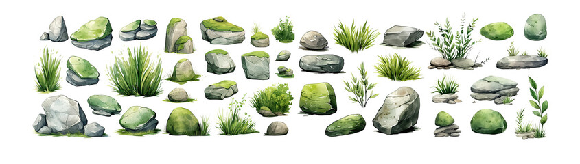 Watercolor stones with green moss ornament set. Hand drawn isolated on transparent background.
