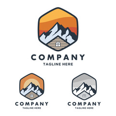 Obraz premium Minimalist Logo design template for house or cabin rental with mountain. home logo construction. house mountain logo template Vector illustration