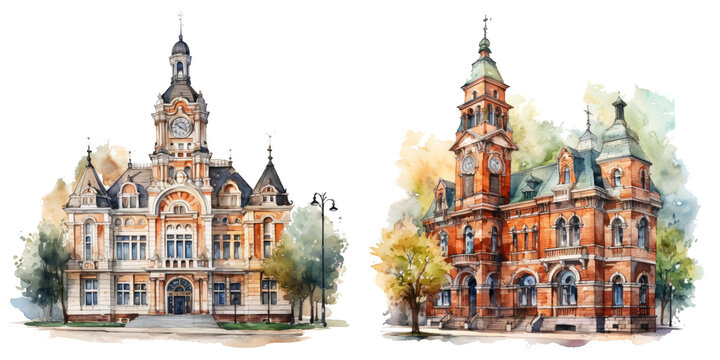 Watercolor the cathedral town ornament set. Hand drawn isolated on transparent background.