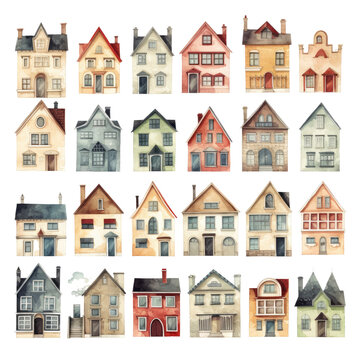Watercolor old town square ornament set. Hand drawn isolated on transparent background.
