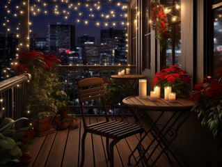 Fototapeta na wymiar A Photo of A Christmas Themed Balcony With String Lights Poinsettias and A Small Decorated Tree