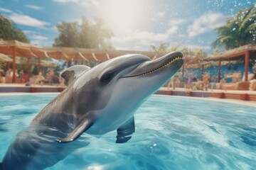 A dolphin gracefully swims in a pool as people watch in the background. This image can be used to depict the beauty and wonder of marine life or for educational purposes.