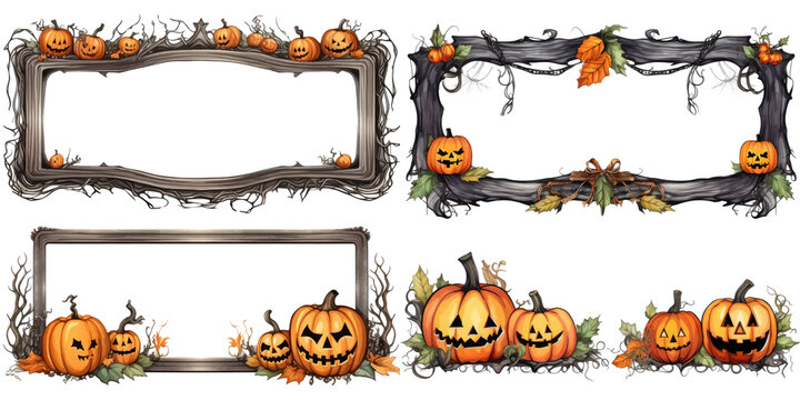 Watercolor halloween frame border ornament set. Hand drawn isolated on transparent background.