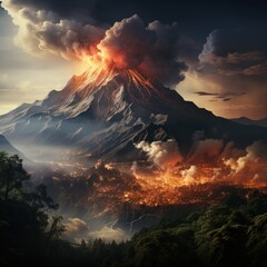 An active volcano erupts and emits hot clouds down to the slopes of the mountain, causing changes in the color of the clouds, good for wallapper, blogs, websites, etc. Ai generative image