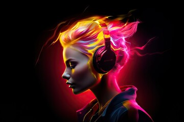 Сheerful energy stylish young woman in massive headphones listen music on black background with neon light. Girl listening podcast, playlist, modern track. 80s 90s club party concept with copy space