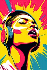 Сheerful energy stylish young woman in massive headphones listen music on bright background with lightning. Girl listening podcast, playlist, modern track. 80s 90s club party concept with copy space