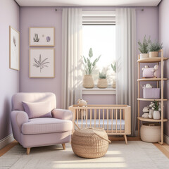 Picture of a nursery, in purple, sofa, bed, soft carpet, transparent curtains, windows
