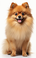 Pomeranian dog sitting and looking at the camera in front isolated of white background