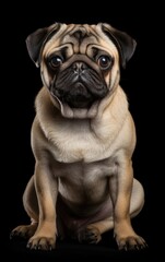 Pug dog sitting and looking at the camera in front isolated of black background