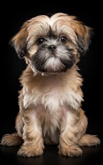 Side view of a Shih-Tzu dog sitting and looking at the camera in front isolated of black background