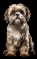 Naklejka na ściany i meble Shih-Tzu dog sitting and looking at the camera in front isolated of black background