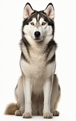 Siberian Husky dog sitting and looking at the camera in front isolated of white background