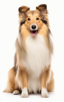 Shetland Sheepdog sitting and looking at the camera in front isolated of a white background