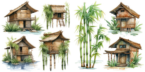 Watercolor bamboo house ornament set. Hand drawn isolated on transparent background.