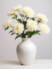 Bouquet of white chrysanthemum flowers in a vase on gray background.