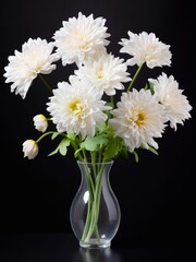 Bouquet of white chrysanthemum flowers in a glass vase on black background.