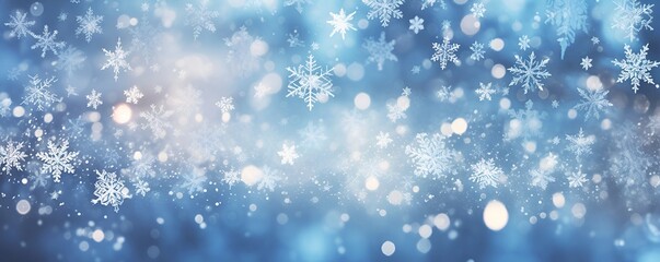 flying snowflakes close-up against blurred bokeh background, Christmas banner, copy space