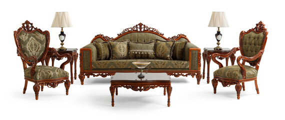 Classic furniture set isolated on white background .sofa , armchair , coffee table