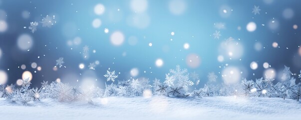 Naklejka premium flying snowflakes close-up against blurred bokeh background, Christmas banner, copy space