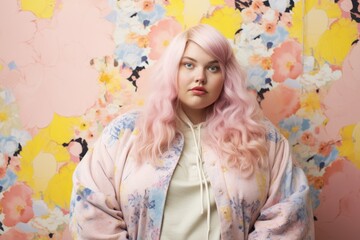 Excited plus size woman with pink hair on colorful background. Beautiful oversize girl wearing in fashion casual clothes. Body positive and diversity concept	