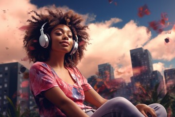 Confident young happy african american woman with afro curly hairstyle listen music in headphones...