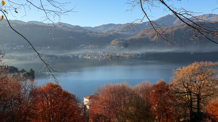Viewpoint from Sacro Monte to Lake Orta and Isola San Giulio in summer, Piedmont Italy