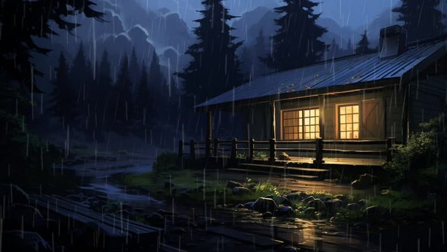 lofi cozy cabin in the woods with rain. seamless looping virtual time-lapse 4k video animation background. Generated with AI