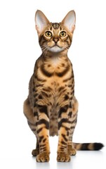 Bengal Cat sitting and looking at the camera in front isolated of a white background