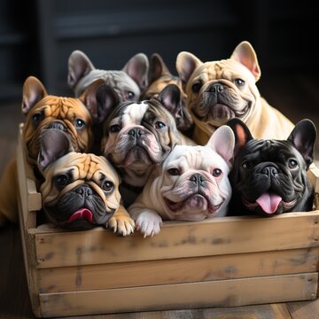 picture of wooden box full of french bulldog puppies. puppies waiting to be adopted. generated with ia
