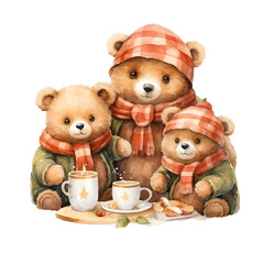 bear family watercolor illustration, cute animals clipart