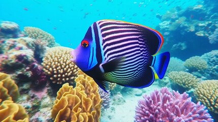 Naklejka na ściany i meble A close encounter with an Emperor Angelfish as it explores the intricate coral reef, a