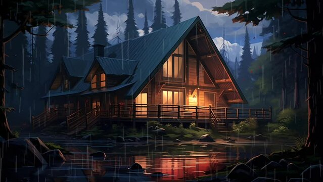 Animation of cabin in the woods at nightfall during rainfall. seamless looping virtual video animation background. Generated with AI