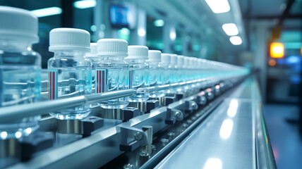 Pharmaceutical machine working pharmaceutical glass bottles production line. Pharmaceutical production line at work, featuring medical vials and glass bottles in operation.

