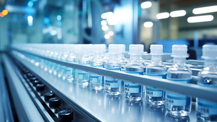 Fototapeta premium Pharmaceutical glass bottles production line. Pharmaceutical production line at work, featuring medical vials and glass bottles in operation.