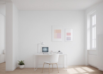 Naklejka na ściany i meble A minimalist with clean lines, bright room, pastel colors, this modern indoor space. 