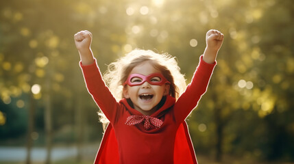 Superhero kid girl in red cape and mask with raised hands.